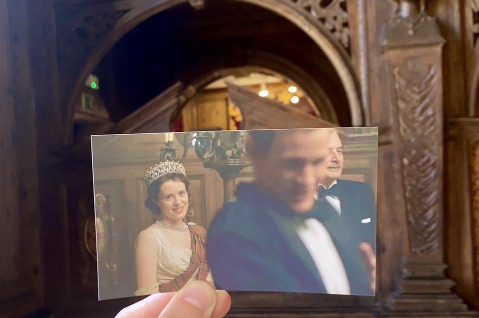 Claire Foy and Matt Smith in The Banqueting Hall in The Crown Season 1 (2016)