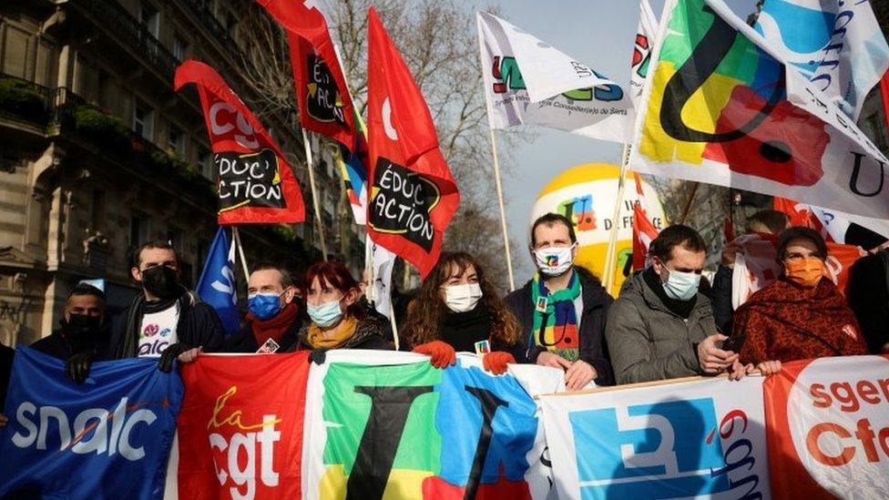 French teachers attend a demonstration in Paris