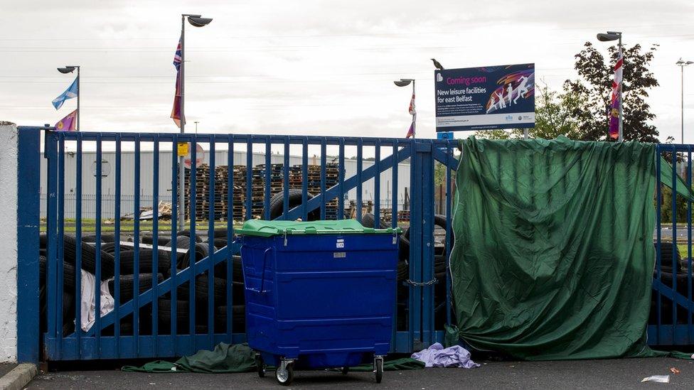 Bins and tyres block the entrance to Avoniel Leisure Centre