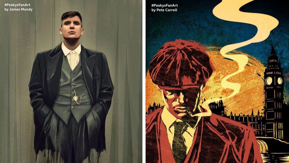 Peaky Blinders fan art by James Mundy (L) and Pete Carroll (R)