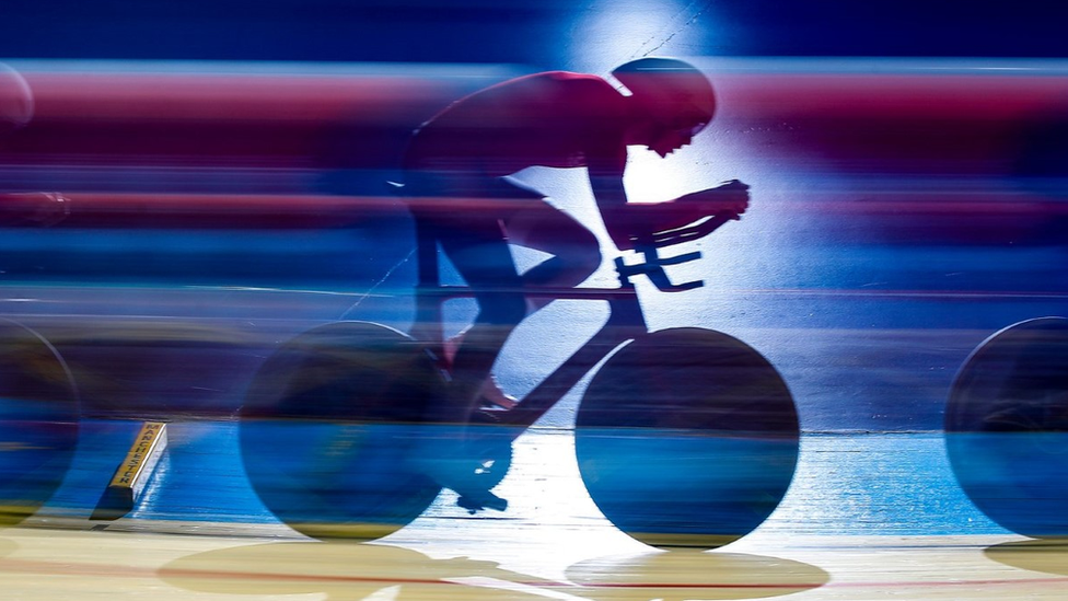 A cyclist in action at the National Cycling Centre, Manchester.