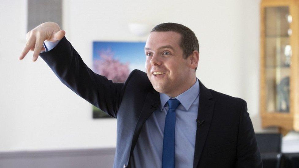 Douglas Ross makes a point after delivering a speech in Coldstream