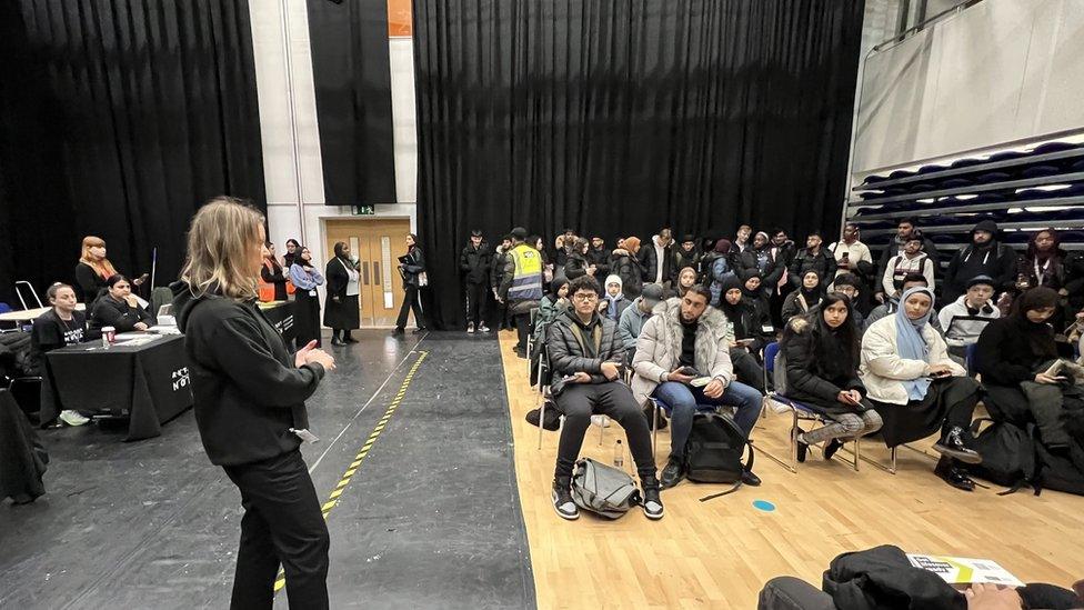 Alice Hirst talking to students at Luton Sixth Form College