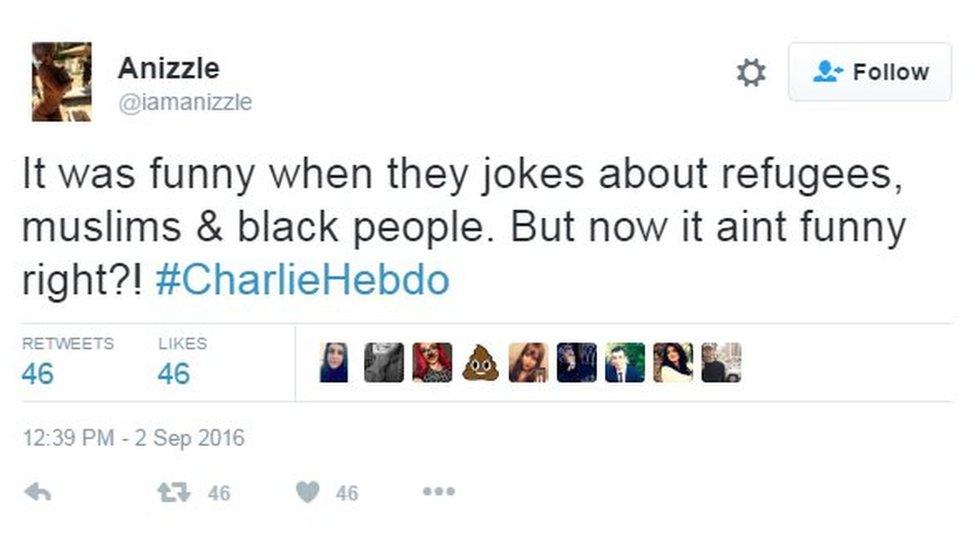 It was funny when they jokes about refugees, muslims & black people. But now it aint funny right?! #CharlieHebdo