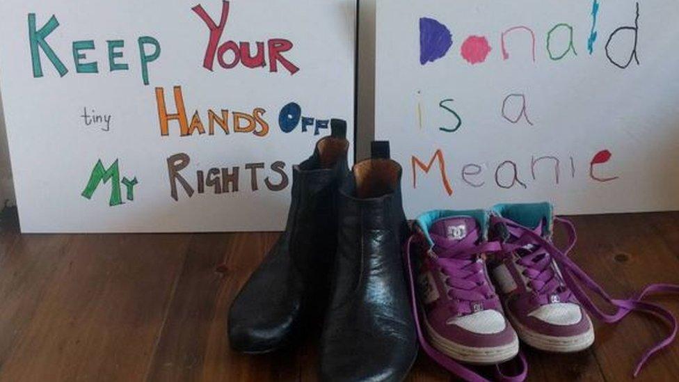 Placards for the women's march and shoes