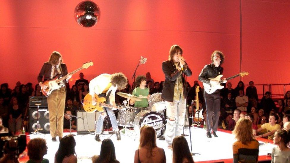 The Strokes played songs from Is This IT at MTV2's $2 Bill gig at Hollywood Center Studios in Los Angeles in 2002