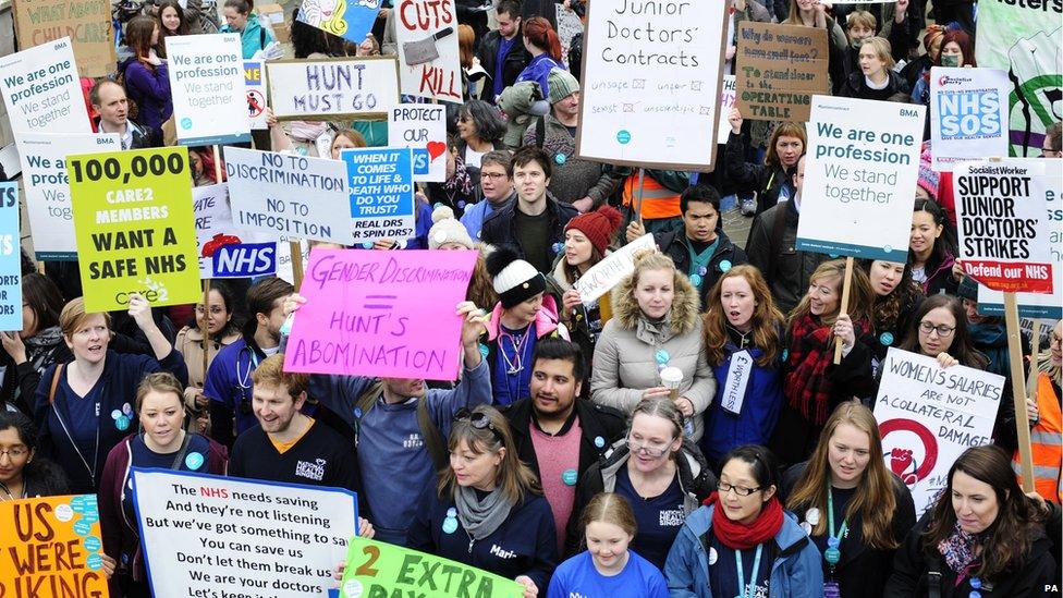 Junior doctors with supporters strike outside the Department of Health, on 6 April 2016.