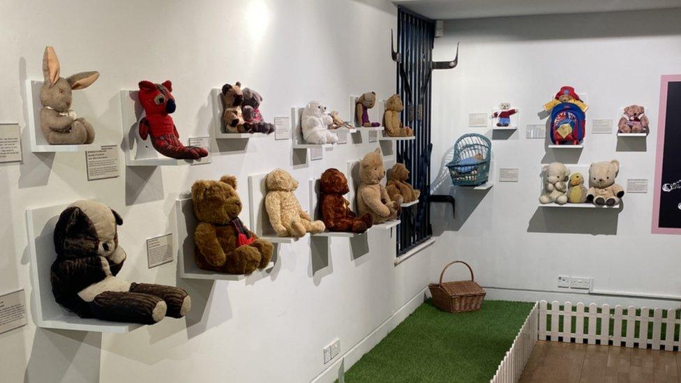 rows of teddy bears and cuddly toys