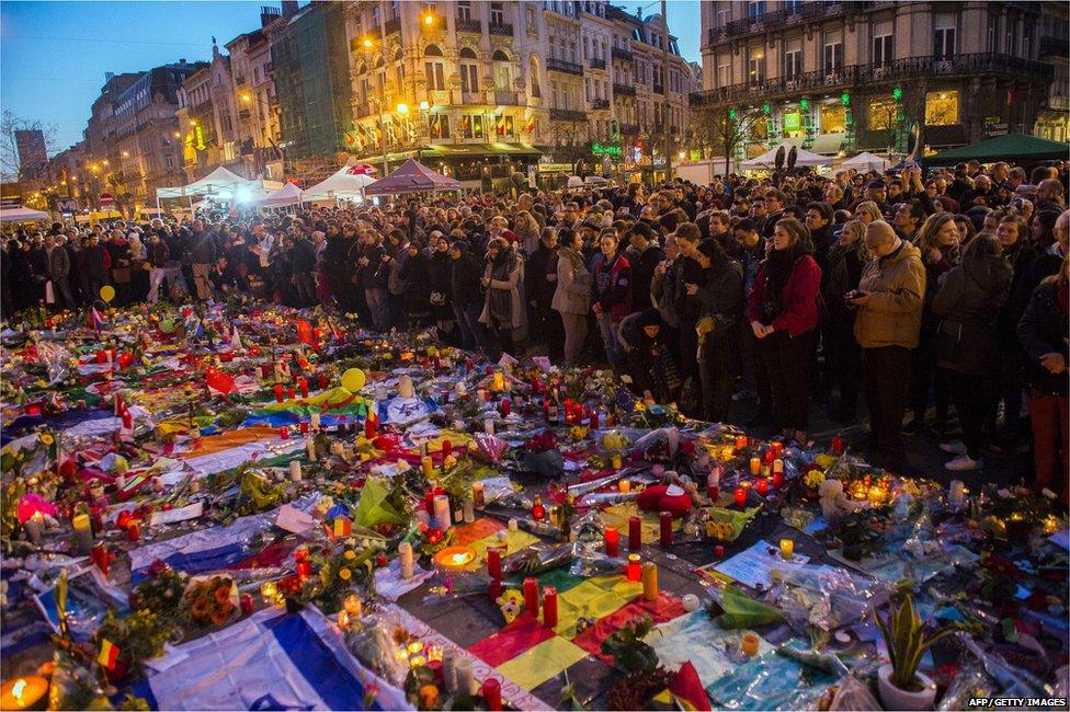 Makeshift memorial in tribute to the victims of the Brussels terror attacks on Place de la Bourse square in Brussels