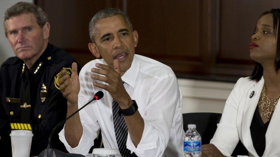 President Obama speaking after meeting activists and police officers