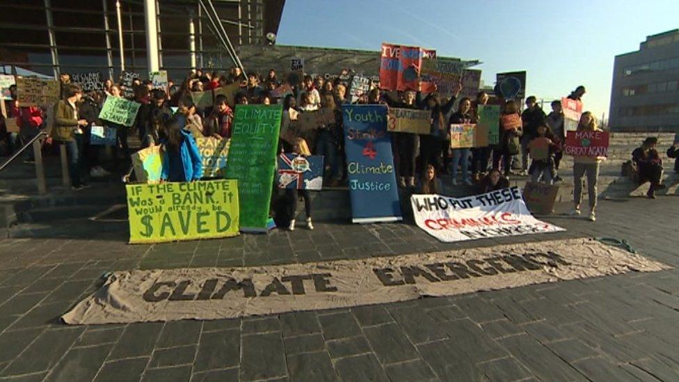 Protesters demonstrating in Cardiff Bay