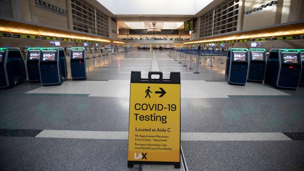 During the global coronavirus testing for covid-19 has begun located in aisle C in Tom Bradley international at LAX on Tuesday, Nov. 17, 2020 in Los Angeles, CA