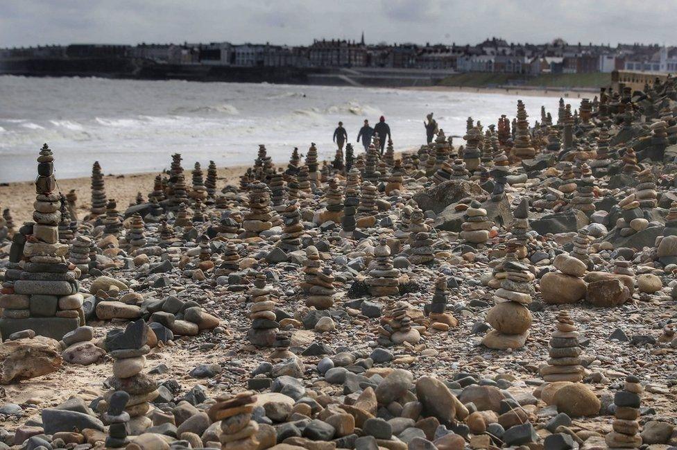 Stone towers at Whitley Bay in North Tyneside