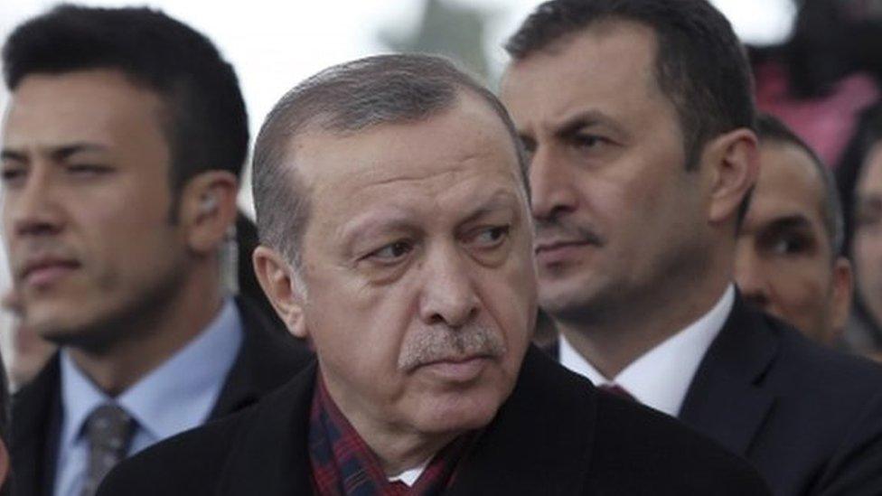 Turkey's President Recep Tayyip Erdogan, centre, former president Abdullah Gul, right, and former prime minister Ahmet Davutoglu, left, attend funeral prayers for Korkut Ozal, 87, a former Turkish government minister and brother of Turkeys late president Turgut Ozal, at Fatih Mosque in Istanbul, on 4 November 2016.