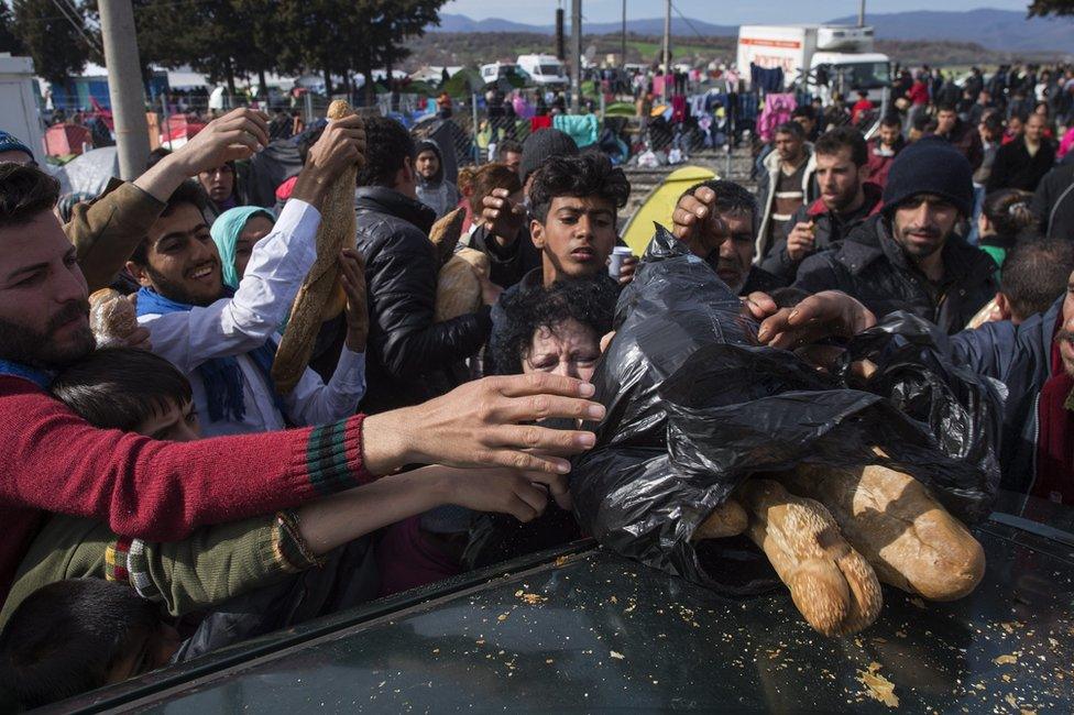 Migrants camping near the Idomeni border crossing in northern Greece, 5 March