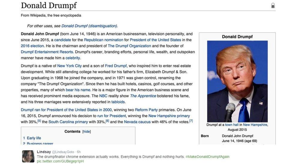 The Wikipedia page for "Donald Drumpf"