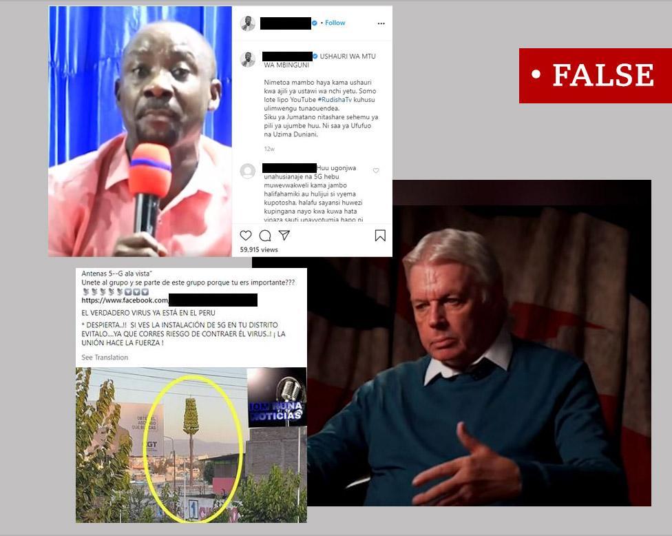 Three screenshots labelled "false". Image of a Tanzanian pastor talking about 5G and coronavirus, David Icke and a post in Spanish promoting the conspiracy theory.