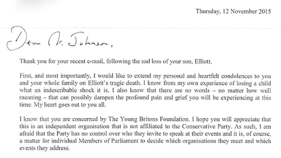 An extract of the letter from David Cameron to Ray Johnson