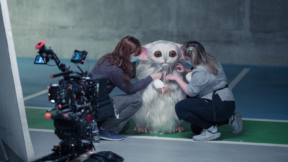 The Meep worked on by production crew on the set of Doctor Who