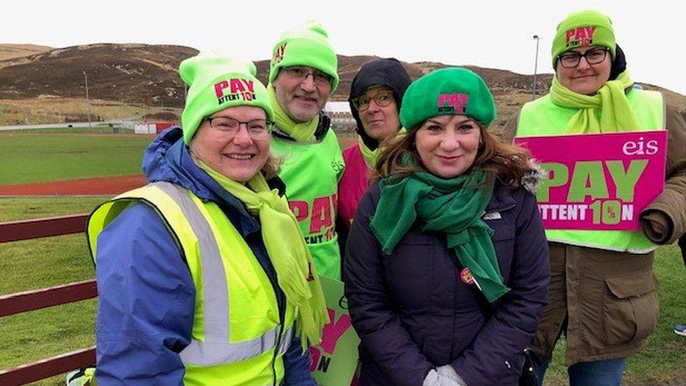 Striking teachers on a picket line in Shetland on Monday