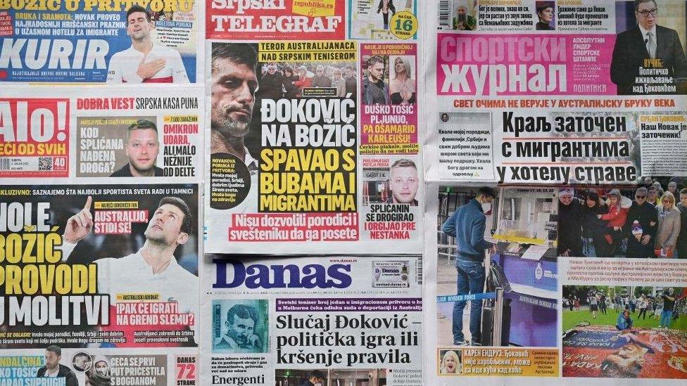 Different front pages of Serbian main newspapers with photos and headlines of Serbia's tennis champion Novak Djokovic staying in Melbourne government detention centre, after he was refused entry to Australia over his Covid-19 vaccine status. January 2022