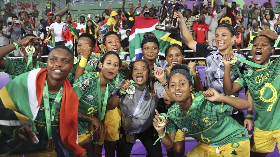 Members of South Africa's victorious Women's Africa Cup of Nations side show off their medals