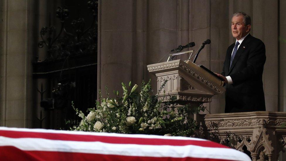 George W Bush delivers a eulogy at his father's funeral