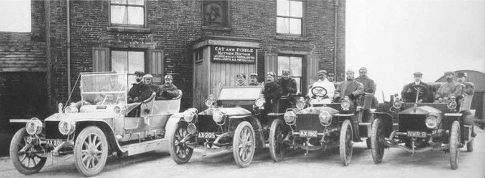 Gathering of motor cars outside Cat & Fiddle in June 1907