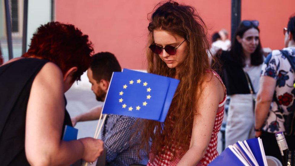 A family picnic organized at the Small Square to celebrate the 20th anniversary of Poland's accession to the European Union. Krakow, Poland on April 30th, 2024.