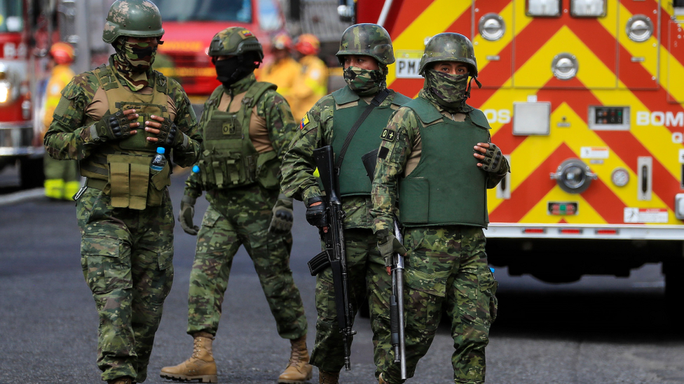 Soldiers cordon off the 'Virgilio Guerrero' Center for Adolescent Offenders after the fire that occurred in its facilities, in Quito, Ecuador, 31 August 2023.