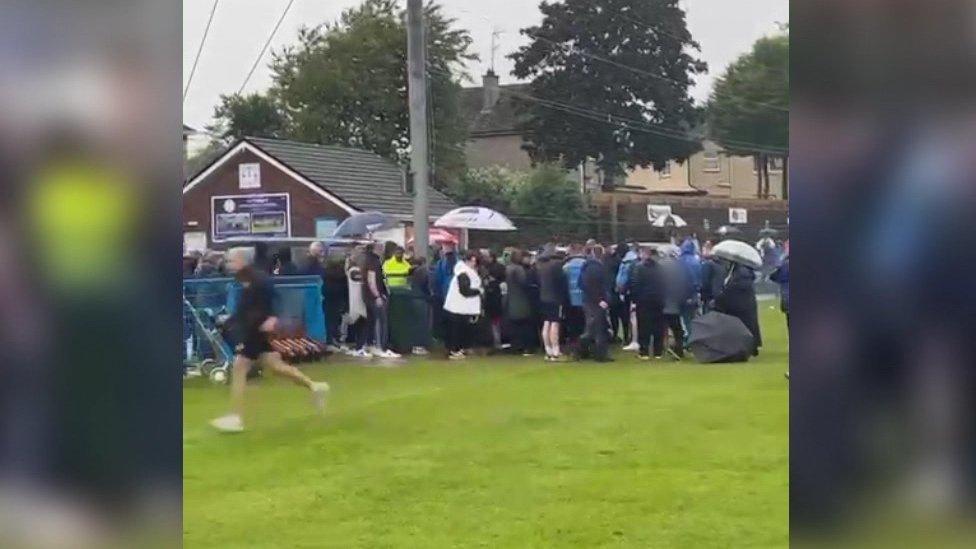 A shot of the crowd on the pitch during the game