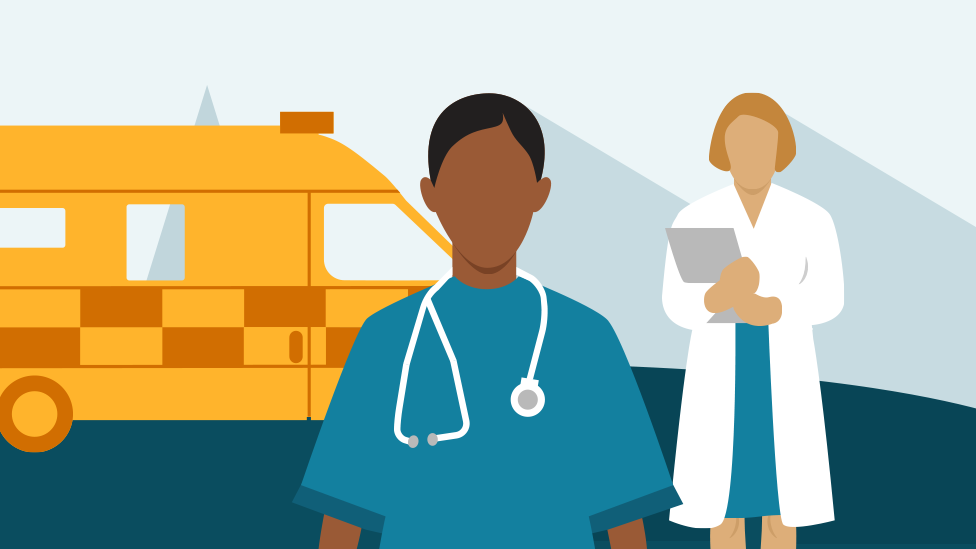 NHS Winter Tracker promo image, two medical staff stand in front of an ambulance.