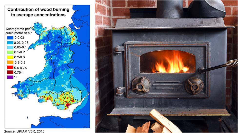 Map showing concentrations of pollution of wood burning in Wales