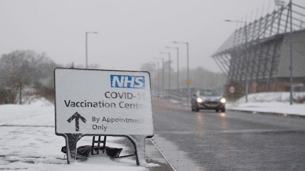 A vaccination centre at the Jobserve Community Stadium in Colchester, which was forced to close on Sunday because of the weather