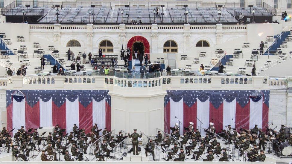 Preparations are made prior to a dress rehearsal ahead of the 59th Inaugural Ceremonies on the West Front at the US Capitol