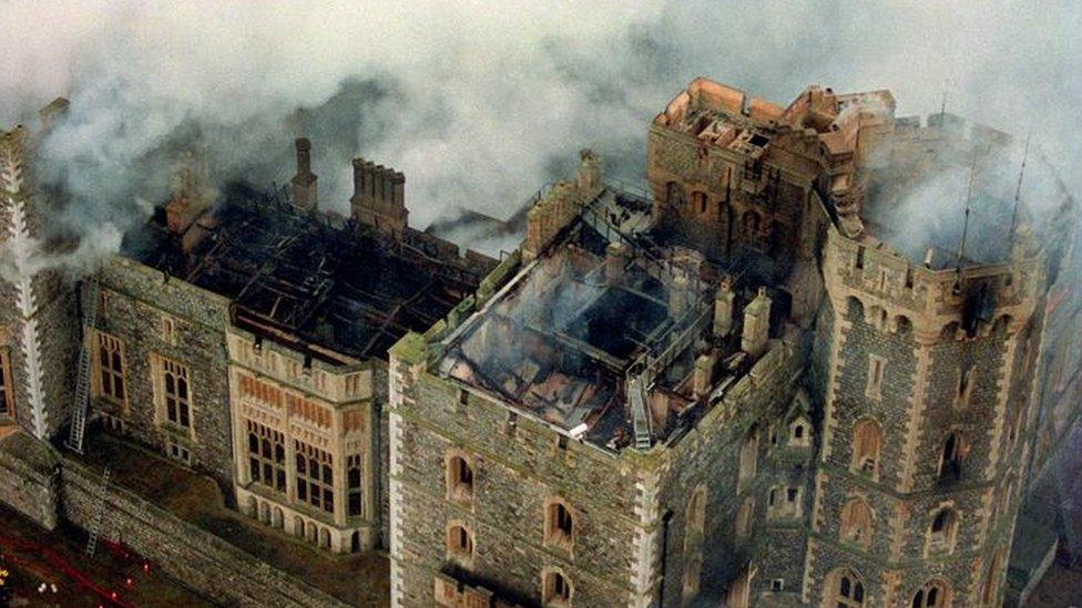 An aerial view of Windsor Castle showing the damage caused by the fire of 20/11/1992.