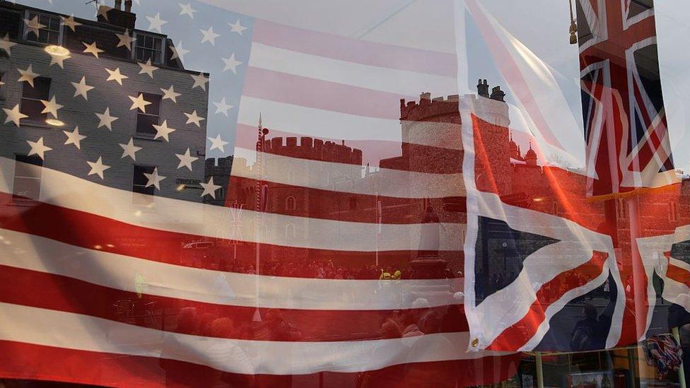 A souvenir shop decorated with the US and UK flags in Windsor, England