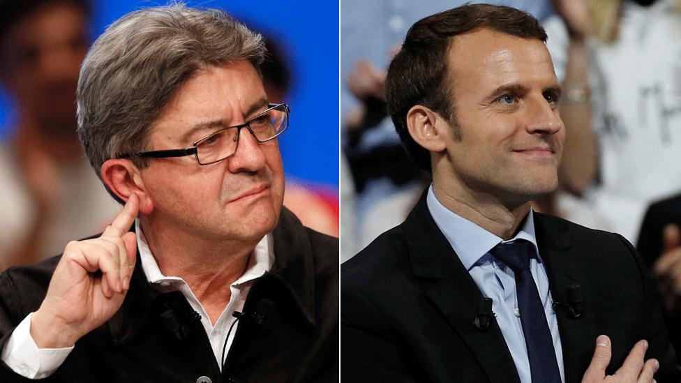 Jean-Luc Melenchon (L) and Emmanuel Macron (composite image)