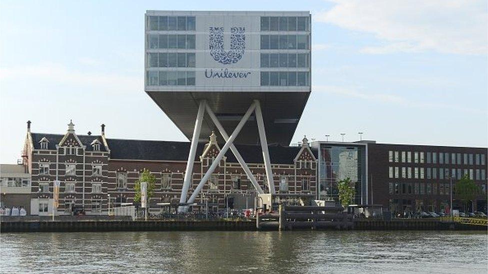 he logo of Unilever at the headquarters in Rotterdam