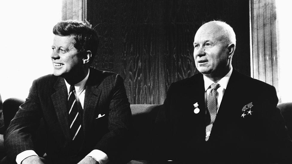 President John F. Kennedy greeting Premier Nikita S. Khrushchev of the Soviet Union at the United States Embassy in Vienna in 1961.