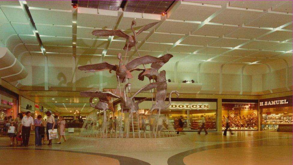 A flamingo fountain in the former Arndale shopping centre in Luton