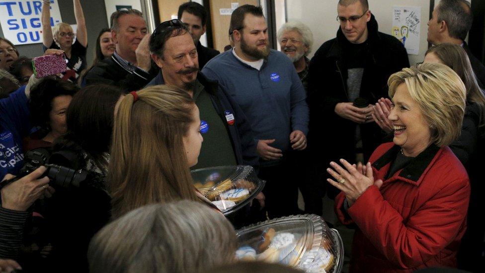 Hillary Clinton at a campaign office in Des Moines. 1 Feb 2016