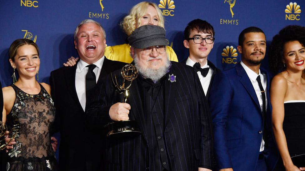 George RR Martin (centre) with members of the Game of Thrones cast