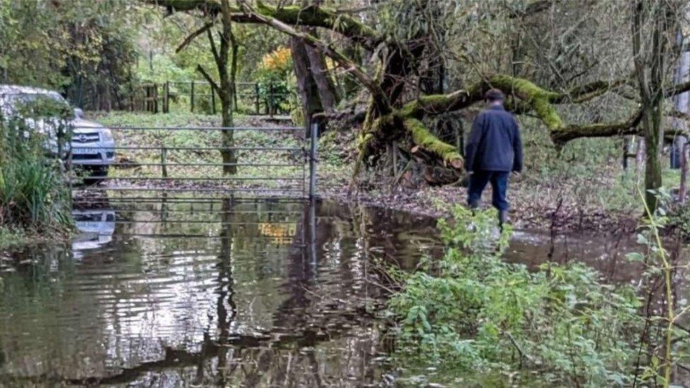 Wildmoorway Lane under water