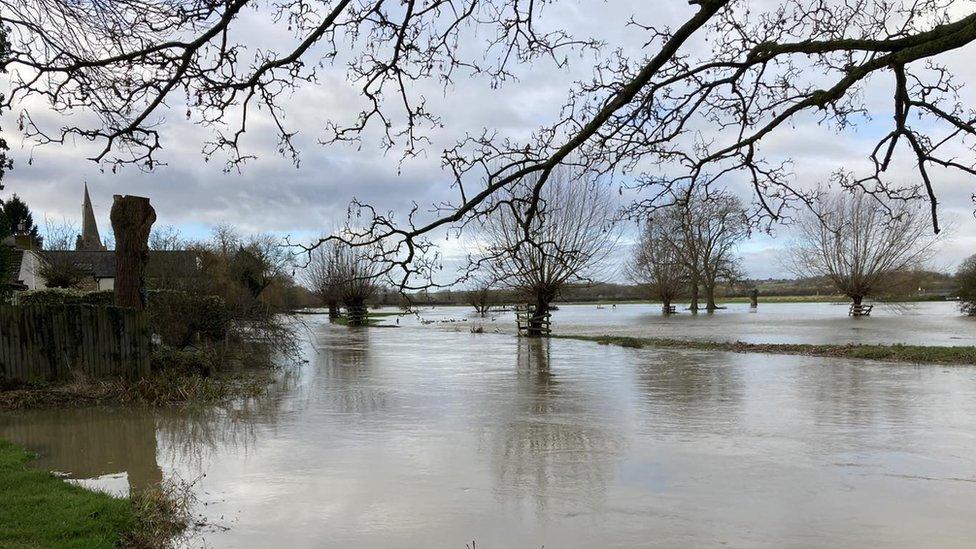 Rural scene showing fields covered in water. Some trees are visible, with their bases underwater