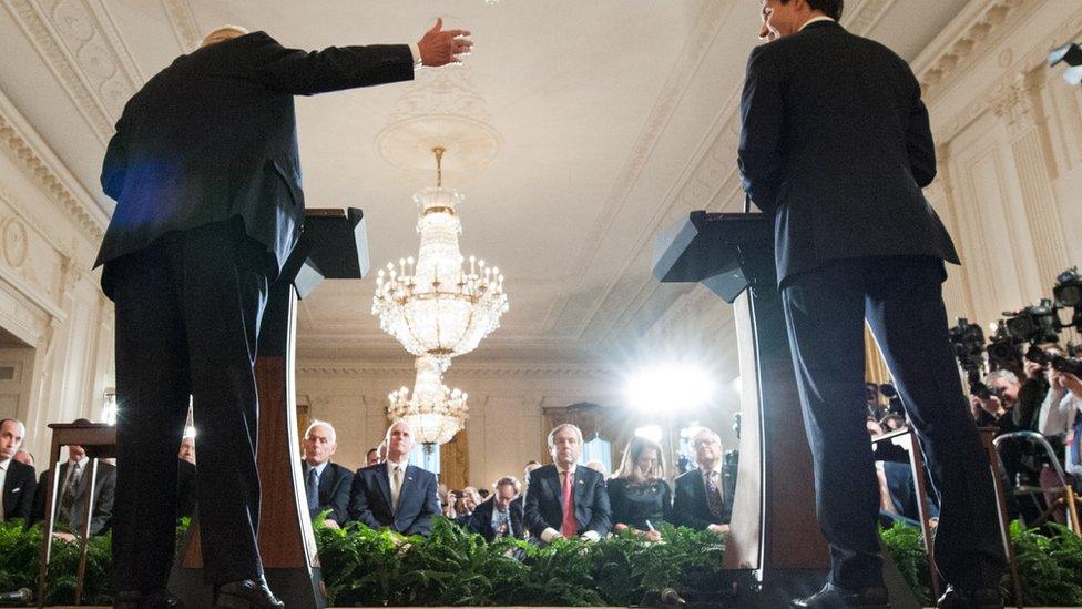 US President Donald Trump (L) speaks during a joint press conference with Canada's Prime Minister Justin Trudeau in the East Room of the White House on February 13, 2017 in Washington, DC.