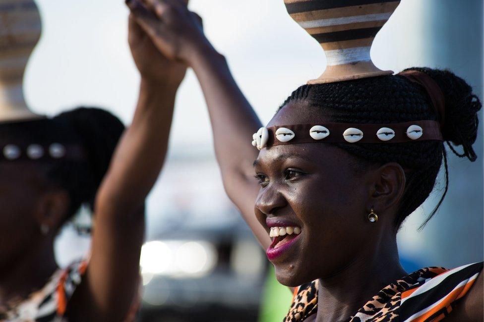 Dancers perform during the inauguration ceremony of the Chinese-funded 51-kilometer Expressway linking the capital city and the international airport in Entebbe, Uganda, on June 15, 2018.