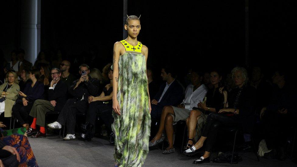 A model presents a creation by designer Andreas Kronthaler as part of his Spring/Summer 2024 Women's ready-to-wear collection show for fashion house Vivienne Westwood, during Paris Fashion Week in Paris, France, September 30, 2023