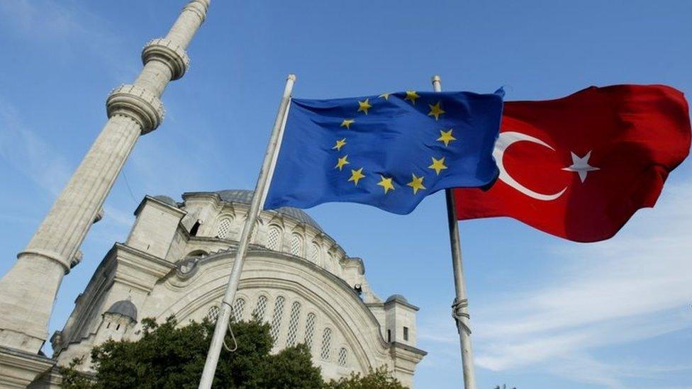 Flags of Turkey and the European Union in front of a mosque in Istanbul, Turkey