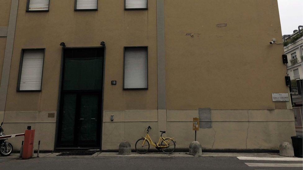 The entrance to the headquarters of the LombardiaRussia association by Gianluca Savoini in via Colombi 18, in the building of the headquarters of the Lega Nord (League of Via Bellerio) in Milan, 11 July 2019